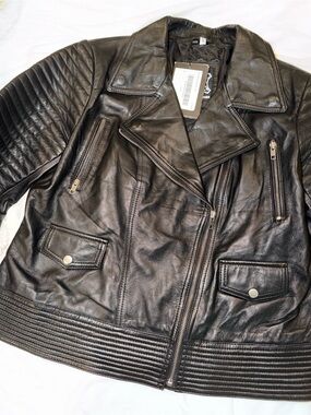Real Leather Women's Black Biker Jacket with Quilted Details